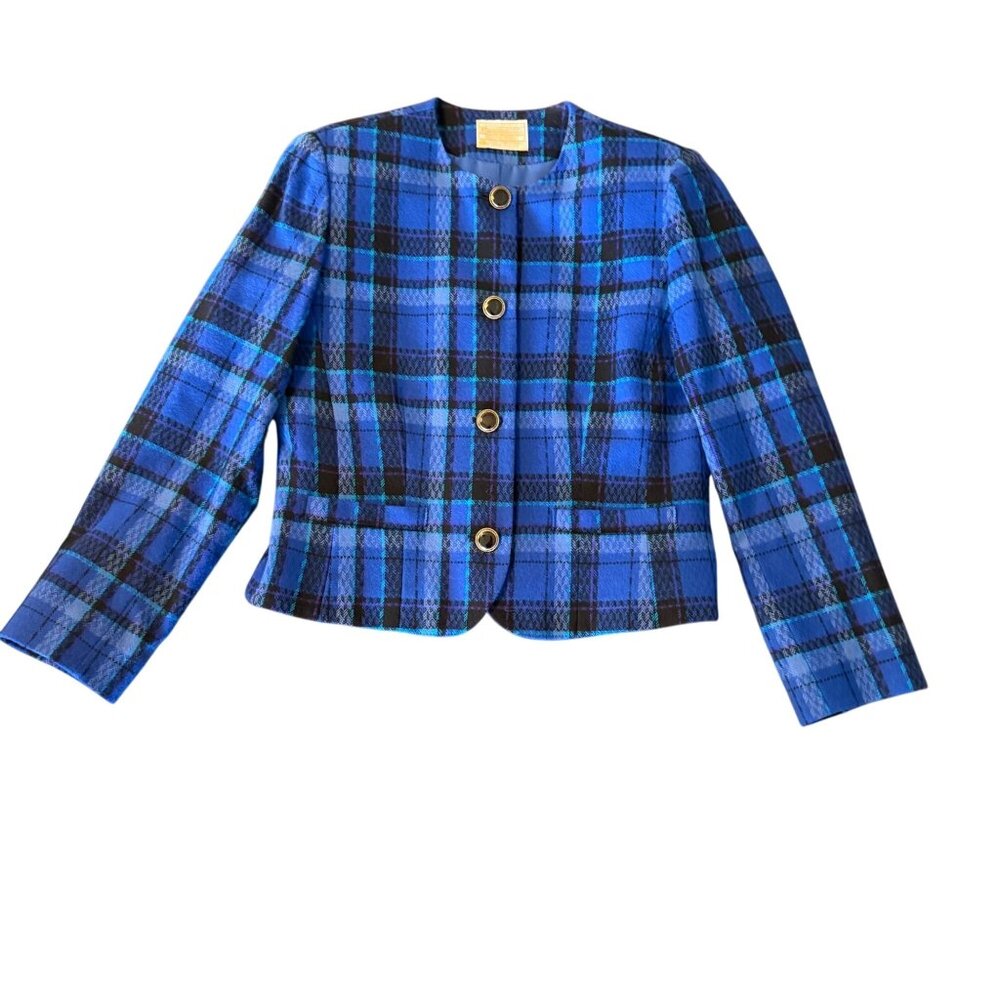vtg Pendleton virgin‎ Wool Plaid Blazer Jacket Sz 6 Blue Black Tartan USA plaid
